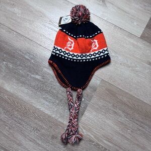 NWT Detroit Tigers Men’s Hat Knit Earflap Beanie Hat Pom Braids Navy Orange OSFM